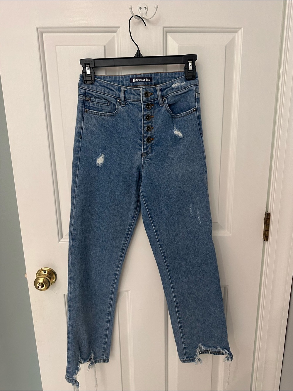 Tractr Blue High-Rise Button-Fly Cropped Jeans with Distressed Hem
